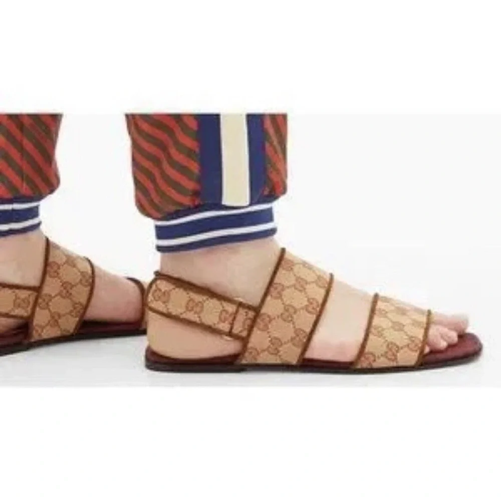 Gucci GG LOGO Monogram Wide Strap Sandal Brown/ Beige Canvas Mens UK 7.5 US 8
